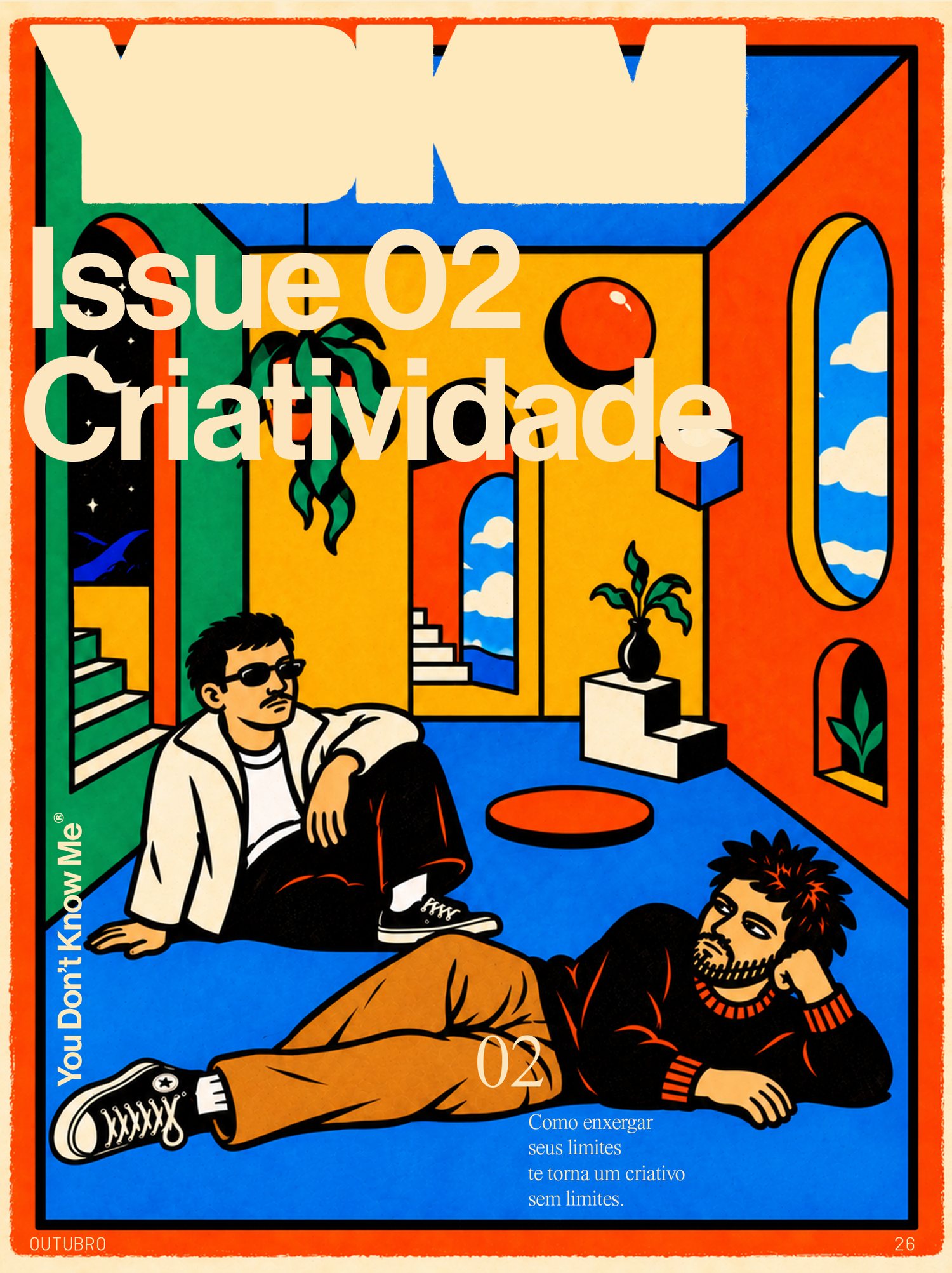 Capa da Issue 02 — Criatividade: dupla ilustrada deitada num cômodo de arcos coloridos, azul, laranja e amarelo