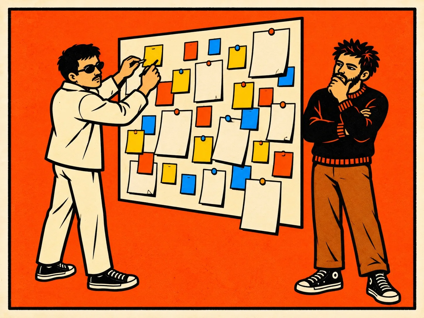 Um painel de post-its coloridos; um deles prende um post-it enquanto o outro, de braço cruzado, observa.