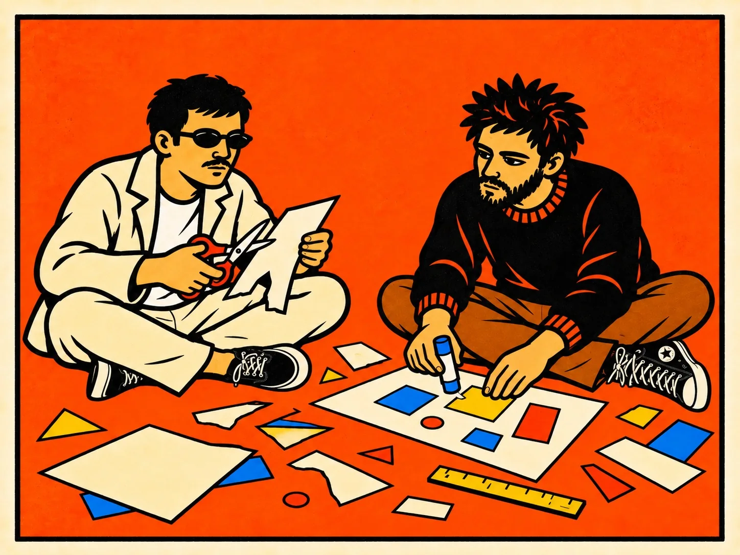 Os dois sentados no chão recortando e colando formas coloridas de papel, com régua e tesoura.