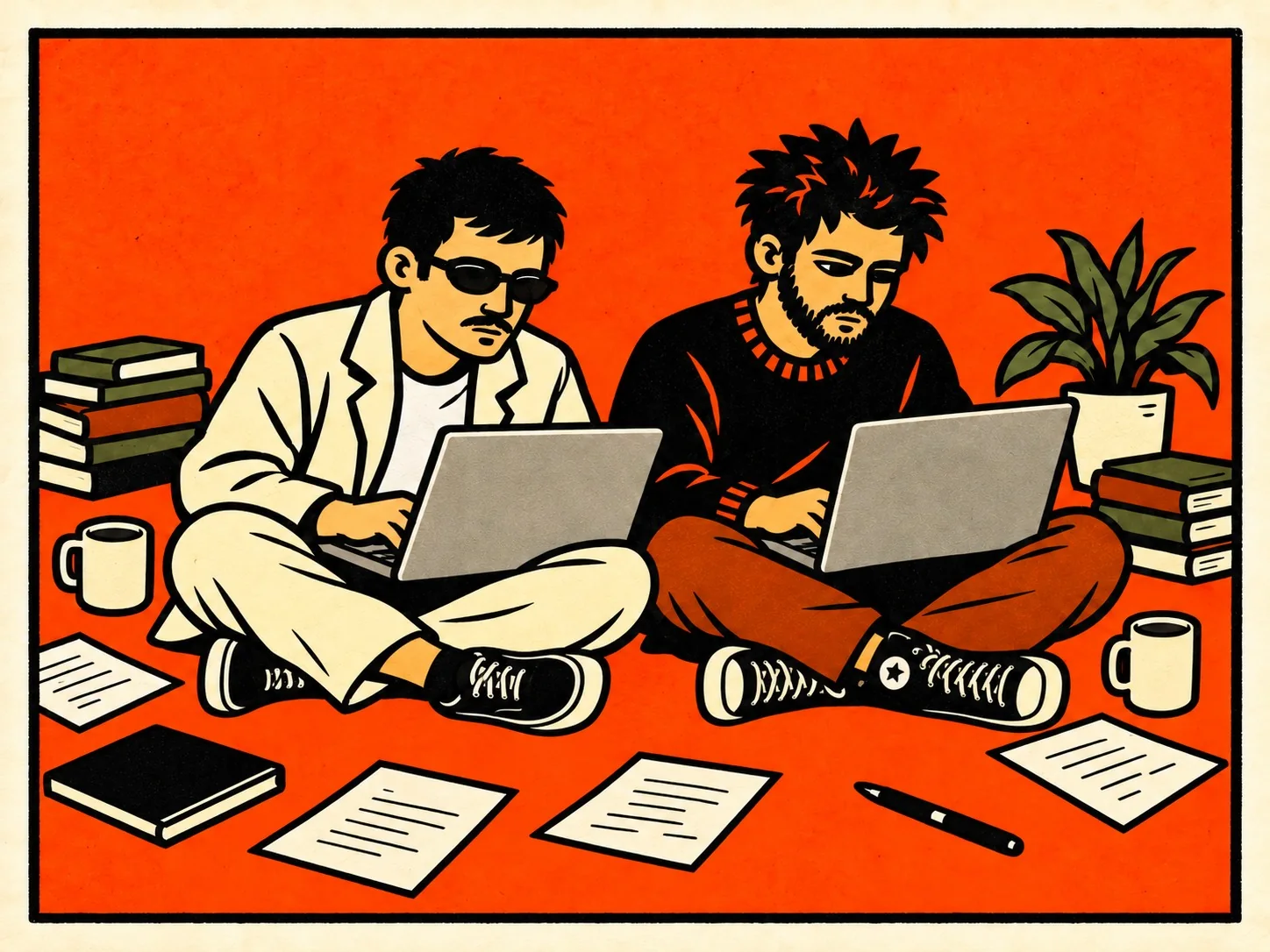 Os dois no chão com notebooks, livros, canecas, cadernos e papéis espalhados em volta.