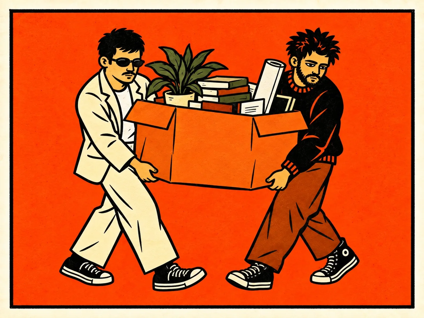 Os dois carregando juntos uma caixa de papelão cheia de objetos, livros e uma planta.