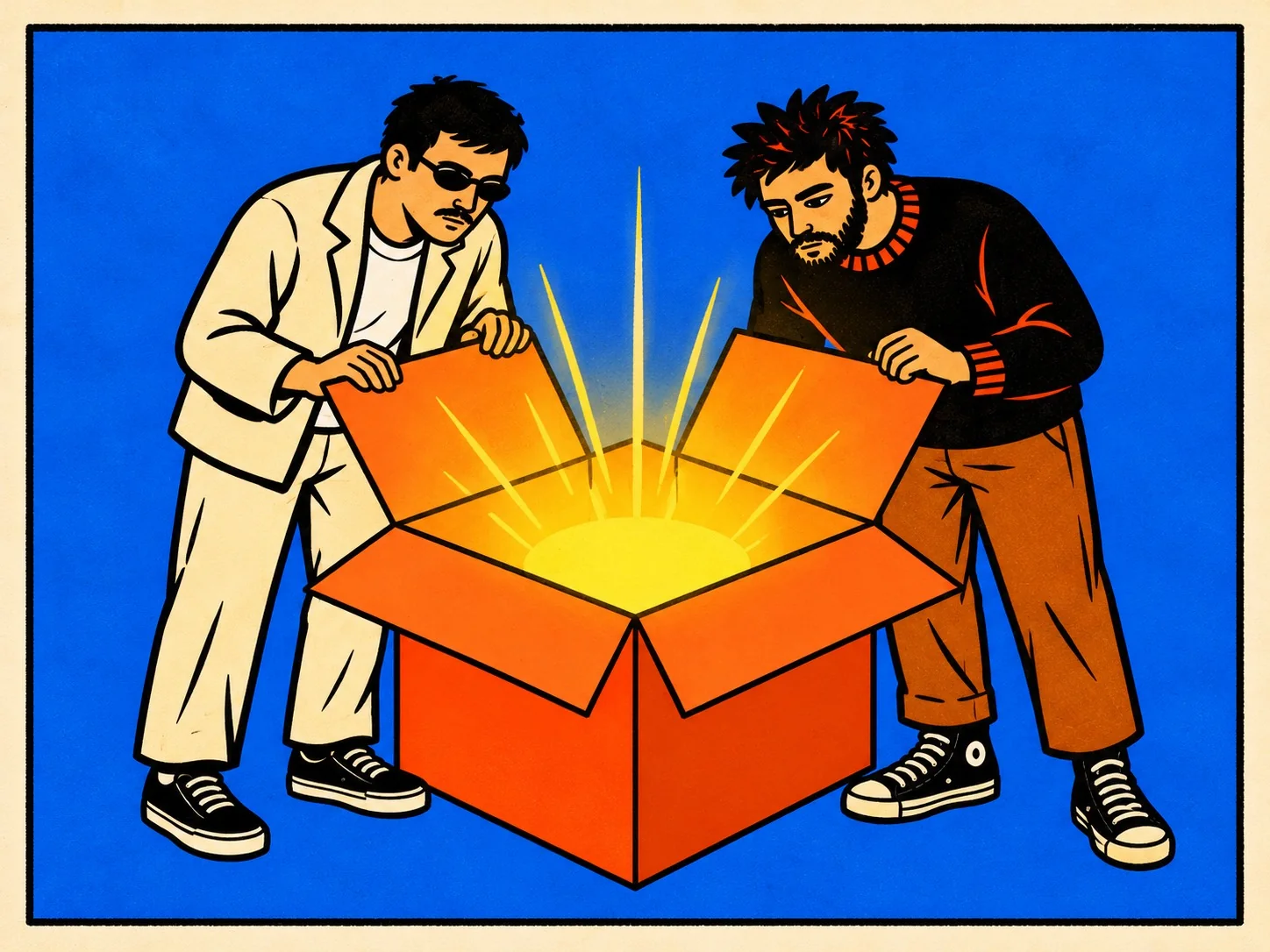 Os dois curvados sobre uma caixa laranja aberta, da qual sai uma luz forte.