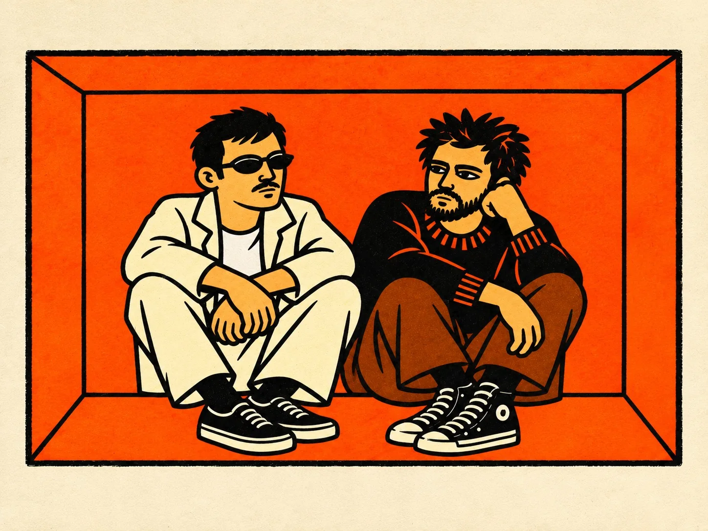 Os dois sentados lado a lado dentro de uma caixa laranja.